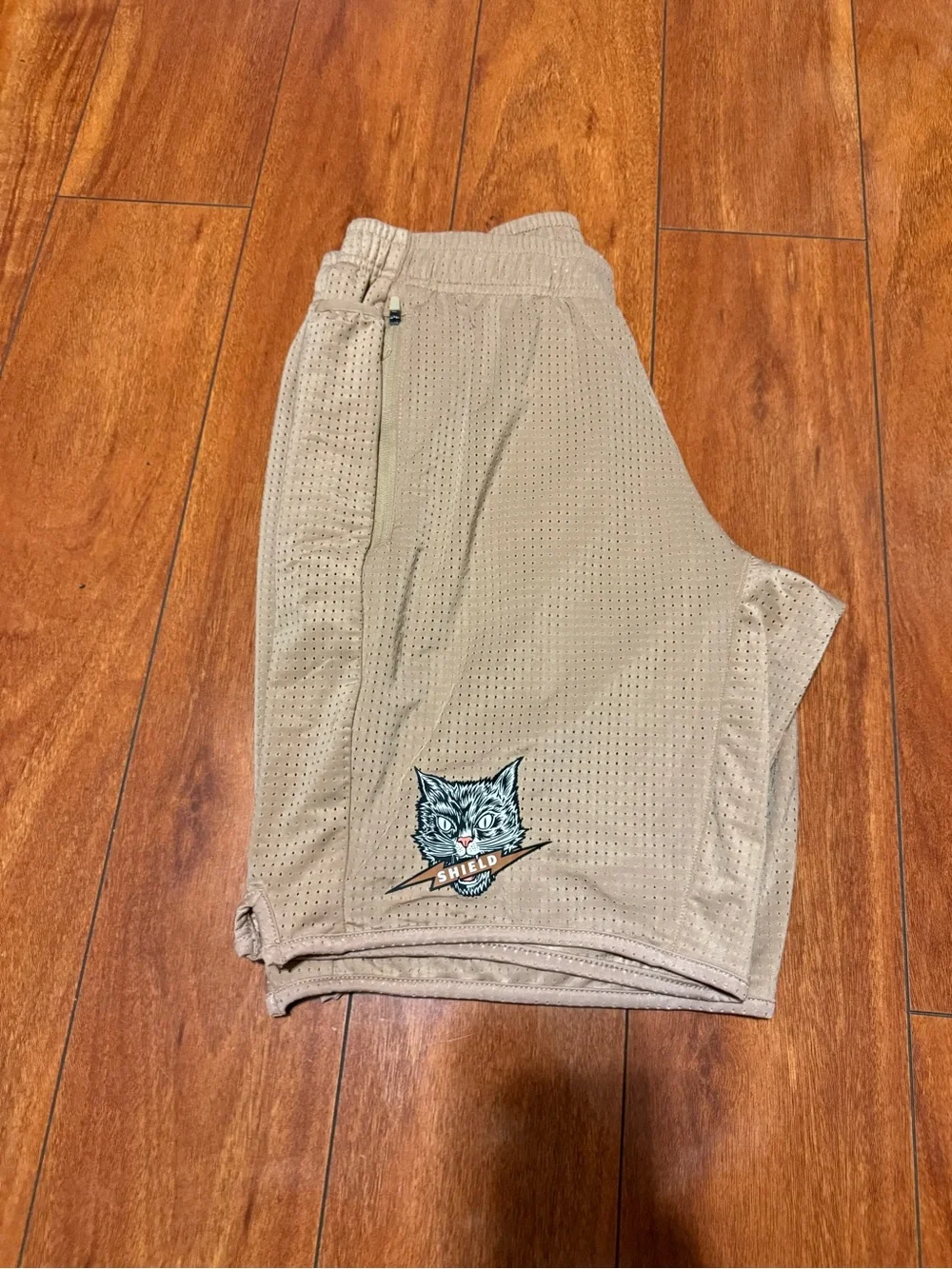 Men's Tan Athletic Mesh Shorts with Logo Accents